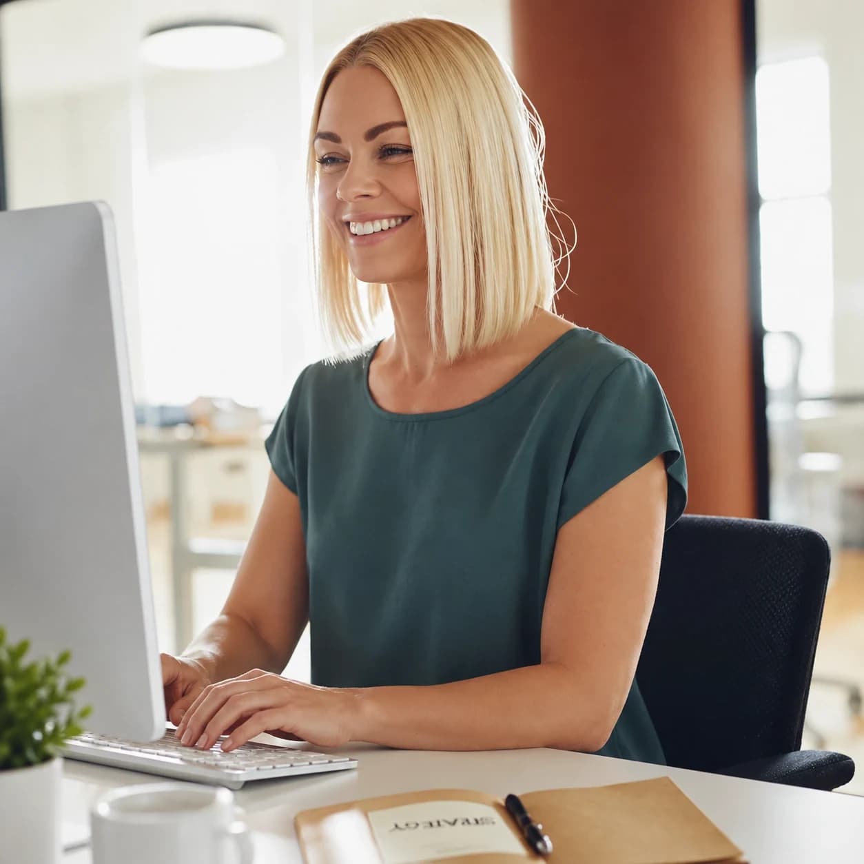 Smiling business professional working at a computer in a bright office