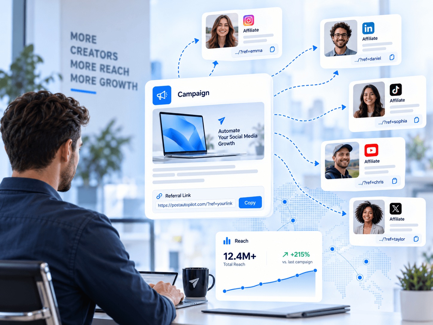 Affiliate marketing workflow for planning, personalizing, reminding, and distributing partner social content