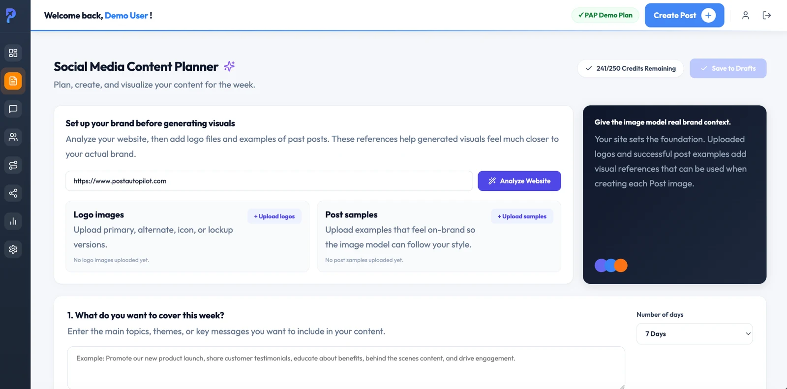 Content Planner with organization website analysis, logos, sample posts and weekly topic entry