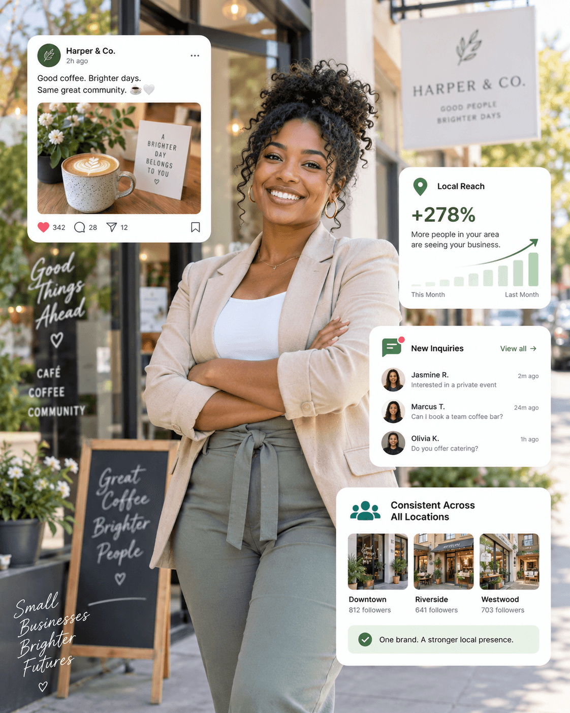 Small business owner outside a local business with social media, local reach, inquiries, and multi-location visibility overlays