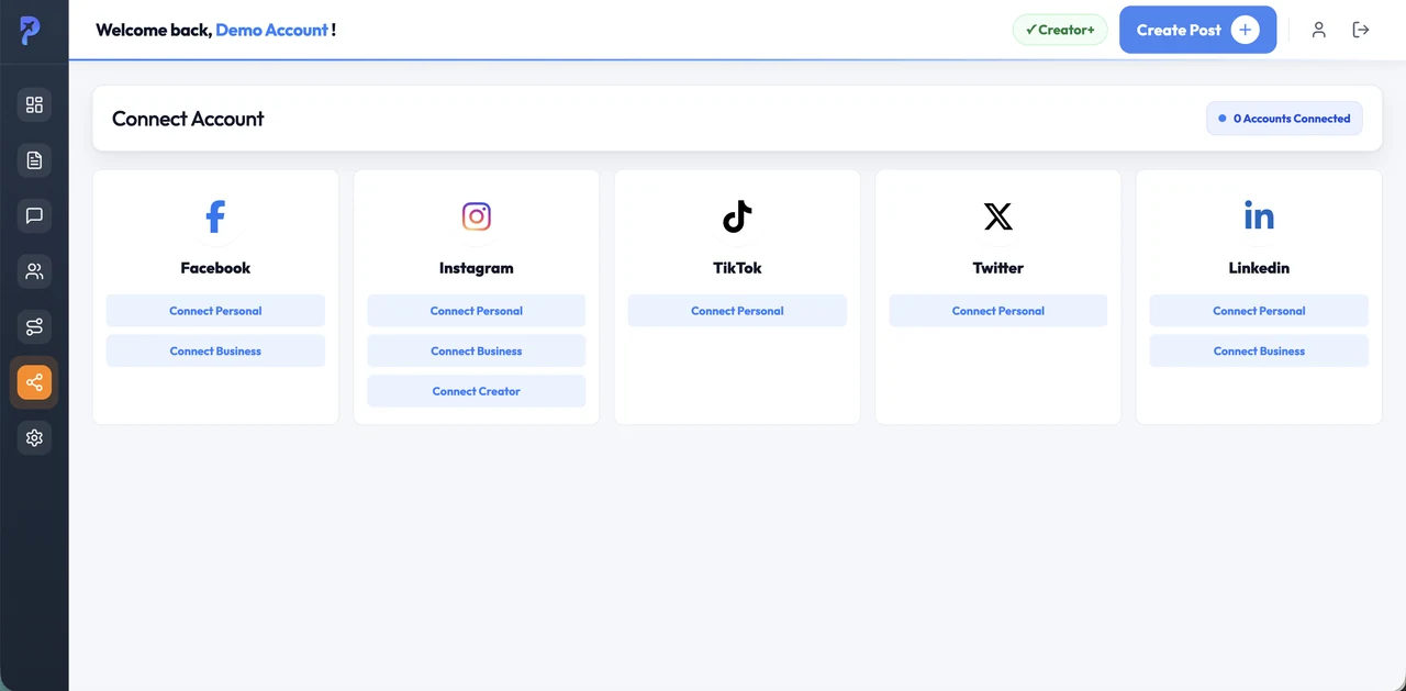 Connect Account screen showing supported social account types
